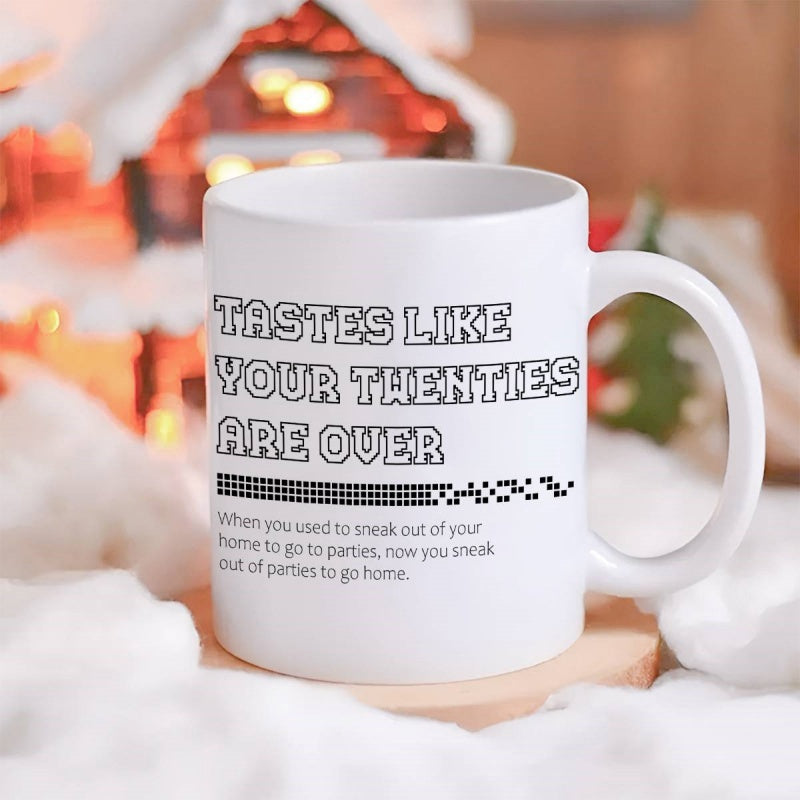 Tailorly White Ceramic 11 oz Mug - Tastes Like Your Twenties Are Over Minimalist Black Pixelated Loading Bar Graphic On A Solid Background Mug