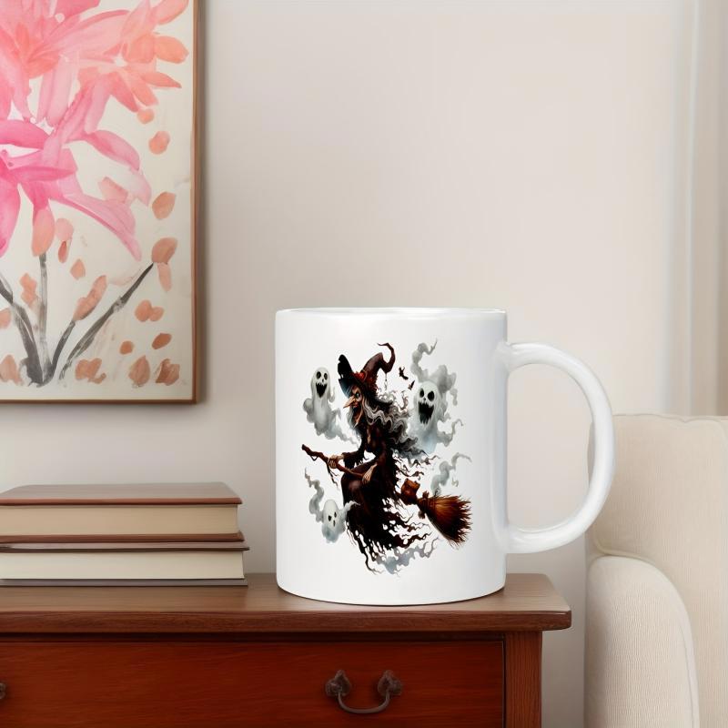 Tailorly White Ceramic 11 oz Mug - Dark Silhouette Flying On Broomstick Surrounded By Ethereal White Haunted Spirits Witch