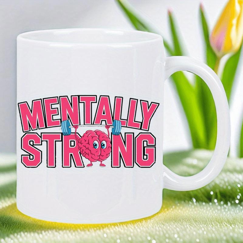 Tailorly White Ceramic 11 oz Mug - Mentally Strong Smiling Cartoon Brain Lifting Blue Dumbbells To Show Power Brain