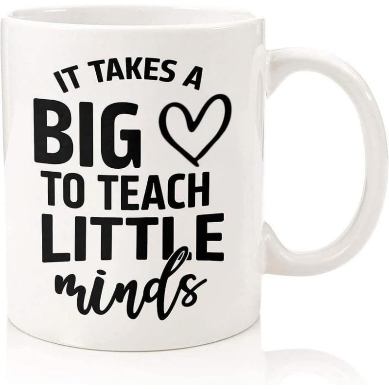 Tailorly White Ceramic 11 oz Mug - It Takes A Big Heart To Teach Little Minds Minimalist Black Outline Symbol Placed Centrally Within Bold Decorative Script Heart