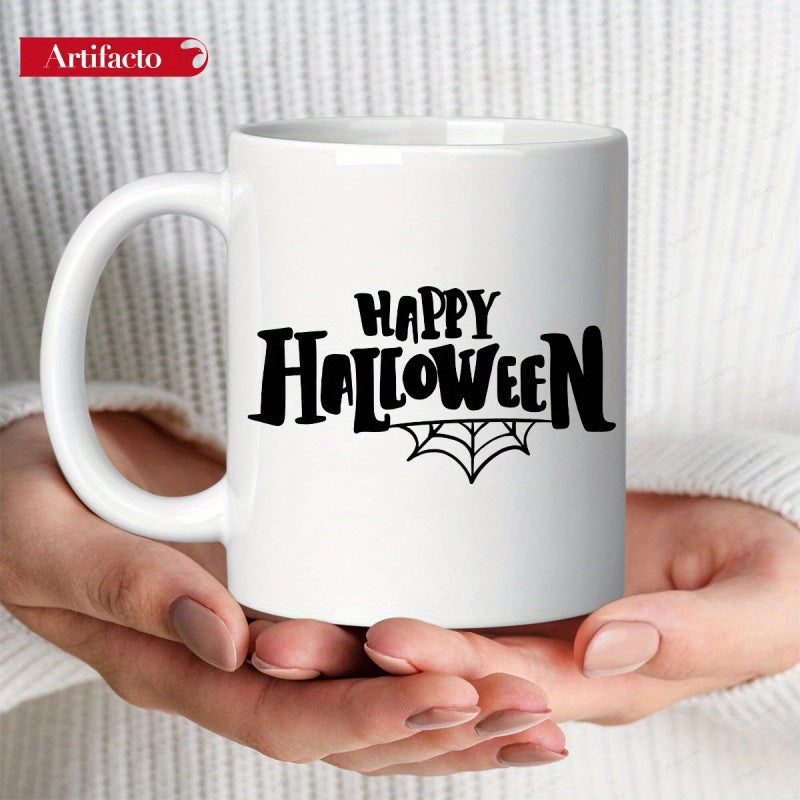 Tailorly White Ceramic 11 oz Mug - Happy Halloween Spooky Hand Lettered Typography With A Hanging Intricate Spider Web Mug