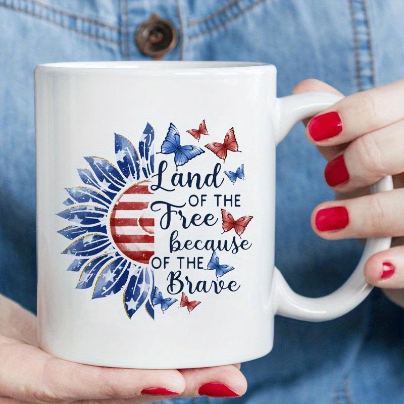 Tailorly White Ceramic 11 oz Mug - Land Of The Free Because Of The Brave Patriotic Sunflower With American Flag Petals And Flying Stars Stripes Butterflies