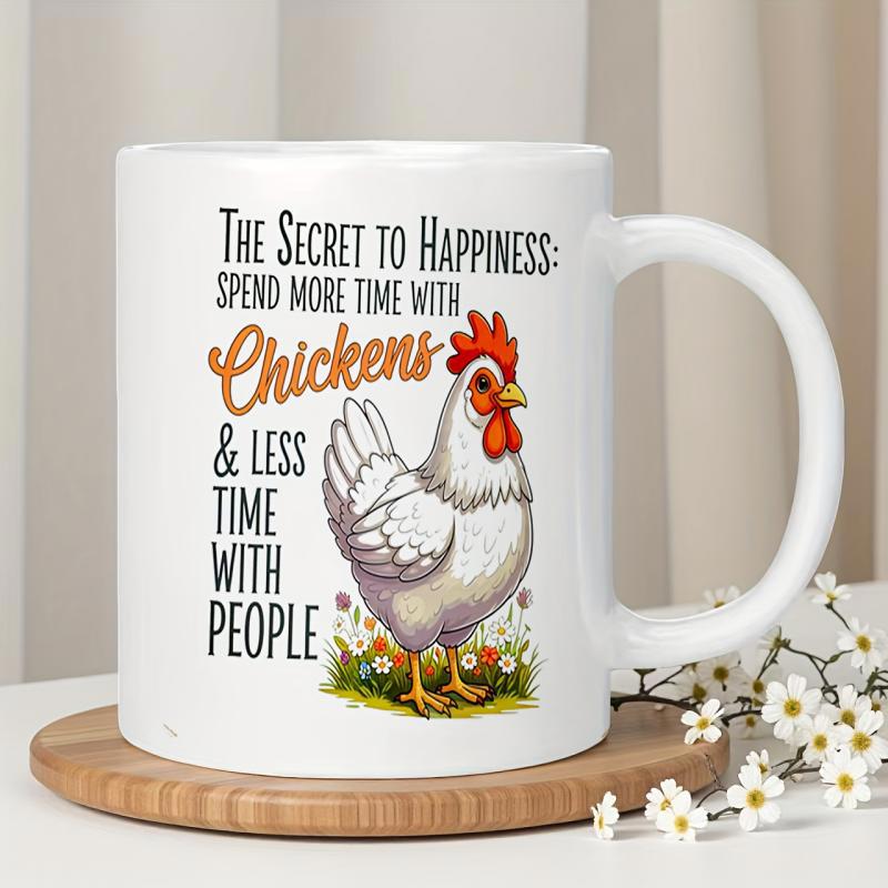 Tailorly White Ceramic 11 oz Mug - The Secret To Happiness Spend More Time With Chickens Less Time With People White Farmhouse Hen Standing Among Wildflowers And