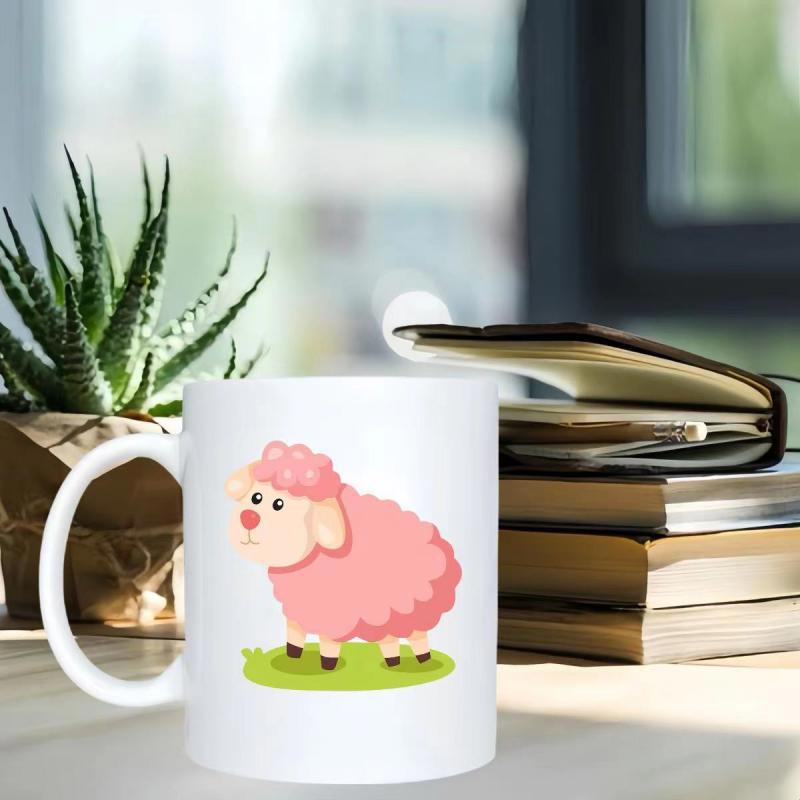 Tailorly White Ceramic 11 oz Mug - Adorable Pink Fluffy Cartoon Character Standing On A Green Grass Patch Sheep