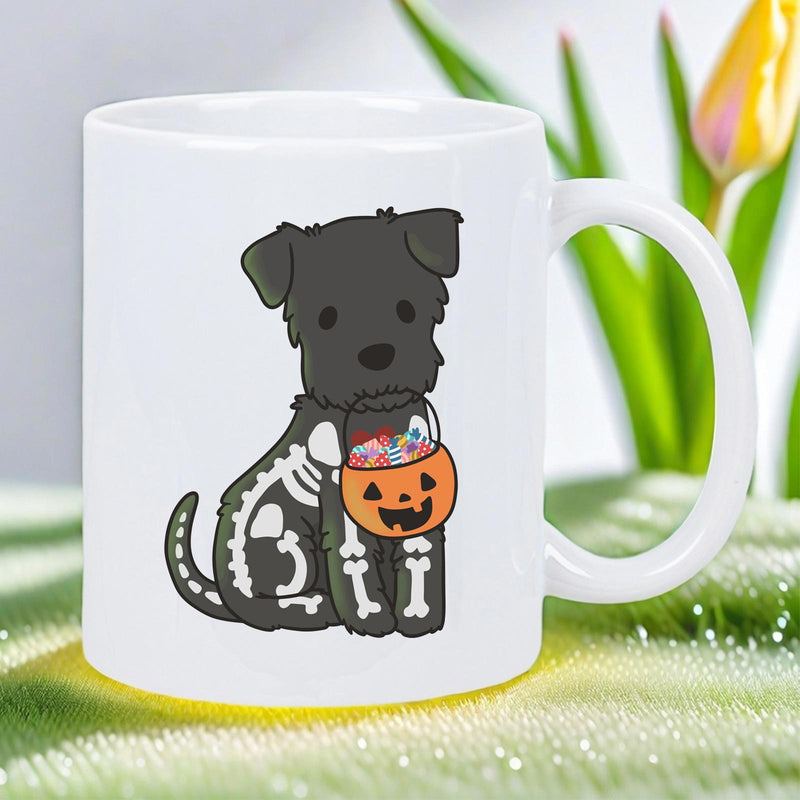 Tailorly White Ceramic 11 oz Mug - Adorable Little Black Puppy In Skeleton Costume Holding Pumpkin Candy Bucket Dog
