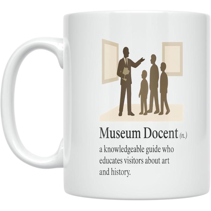 Tailorly White Ceramic 11 oz Mug - Museum Docent Knowledgeable Guide Educates Visitors Art History Muted Tones Of Silhouettes Explaining Art Gallery Exhibits To