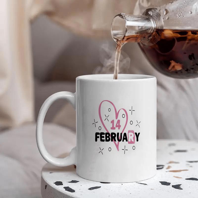 Tailorly White Ceramic 11 oz Mug - 14 February Pink Hand Drawn Heart With Decorative Stars And Date Heart