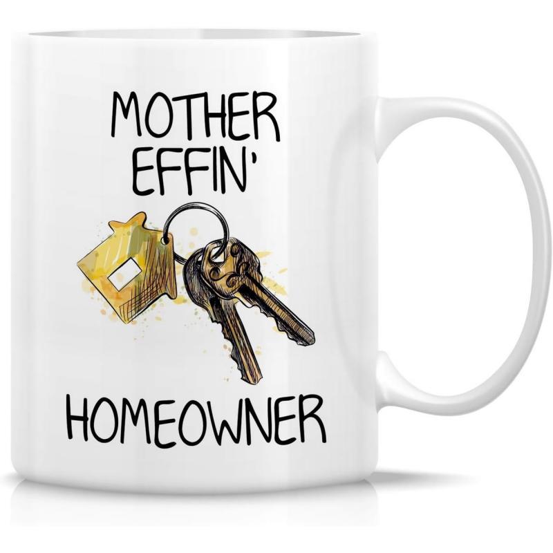 Tailorly White Ceramic 11 oz Mug - Mother Effin Homeowner Metallic House Keys Hanging From A Simple House Shaped Tag Key