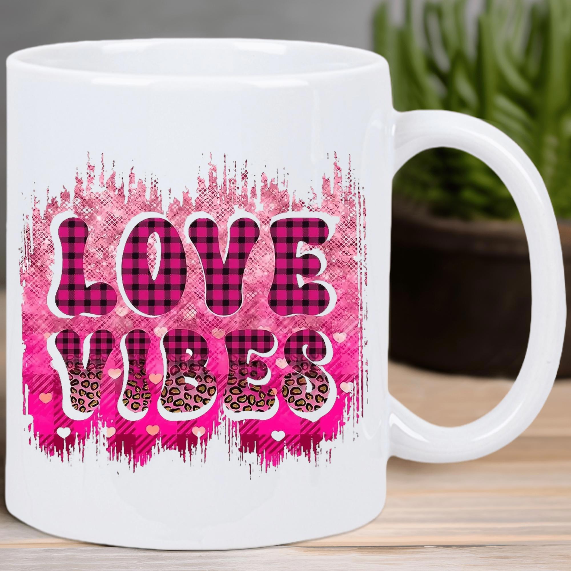 Tailorly White Ceramic 11 oz Mug - Love Vibes Pink Splatter Background With Leopard Print And Plaid Pattern Hearts Mug