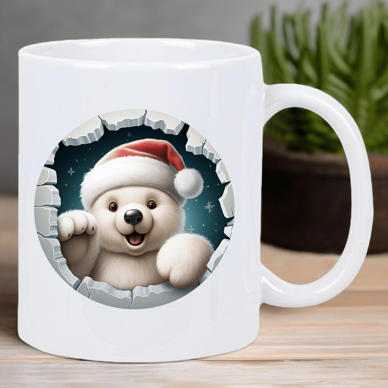 Tailorly White Ceramic 11 oz Mug - Festive White Polar Cub Wearing Red Santa Hat Peeking Through Broken Wall Bear
