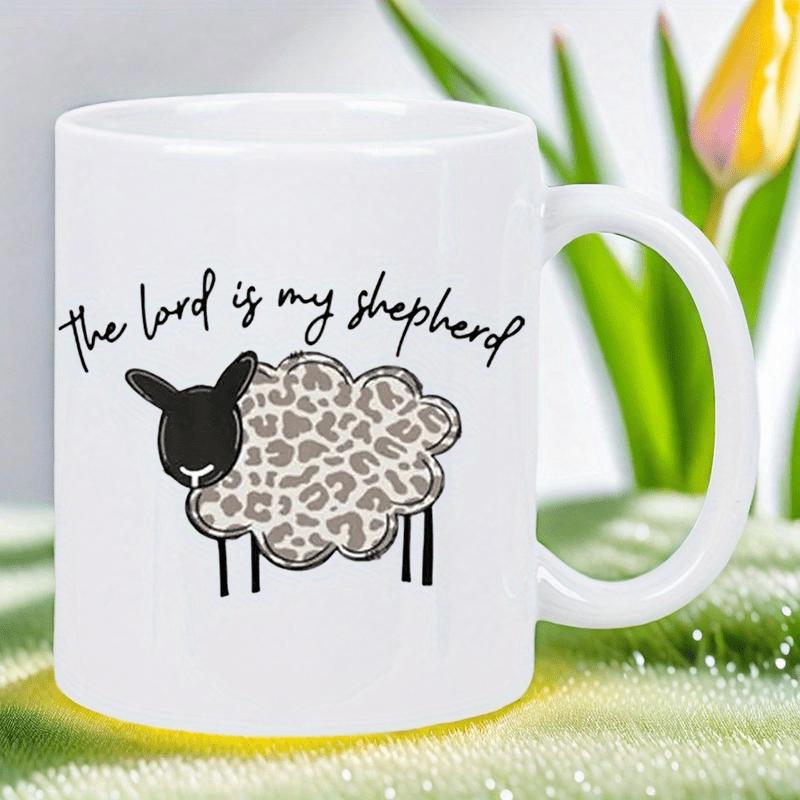 Tailorly White Ceramic 11 oz Mug - The Lord Is My Shepherd Cute Hand Lettered Script With Leopard Print Pattern Sheep