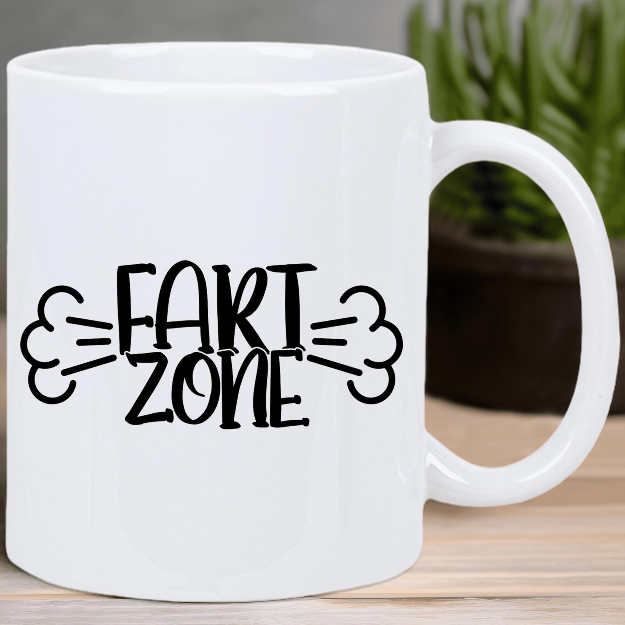 Tailorly White Ceramic 11 oz Mug - Fart Zone Humorous Black Lettering With Playful Air Cloud Graphics On