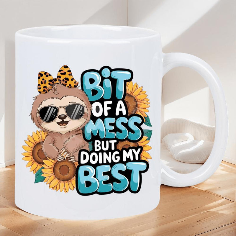 Tailorly White Ceramic 11 oz Mug - Bit Of A Mess But Doing My Best Adorable Cartoon Sloth Wearing Sunglasses Among Yellow Blooming Sunflowers Sloth