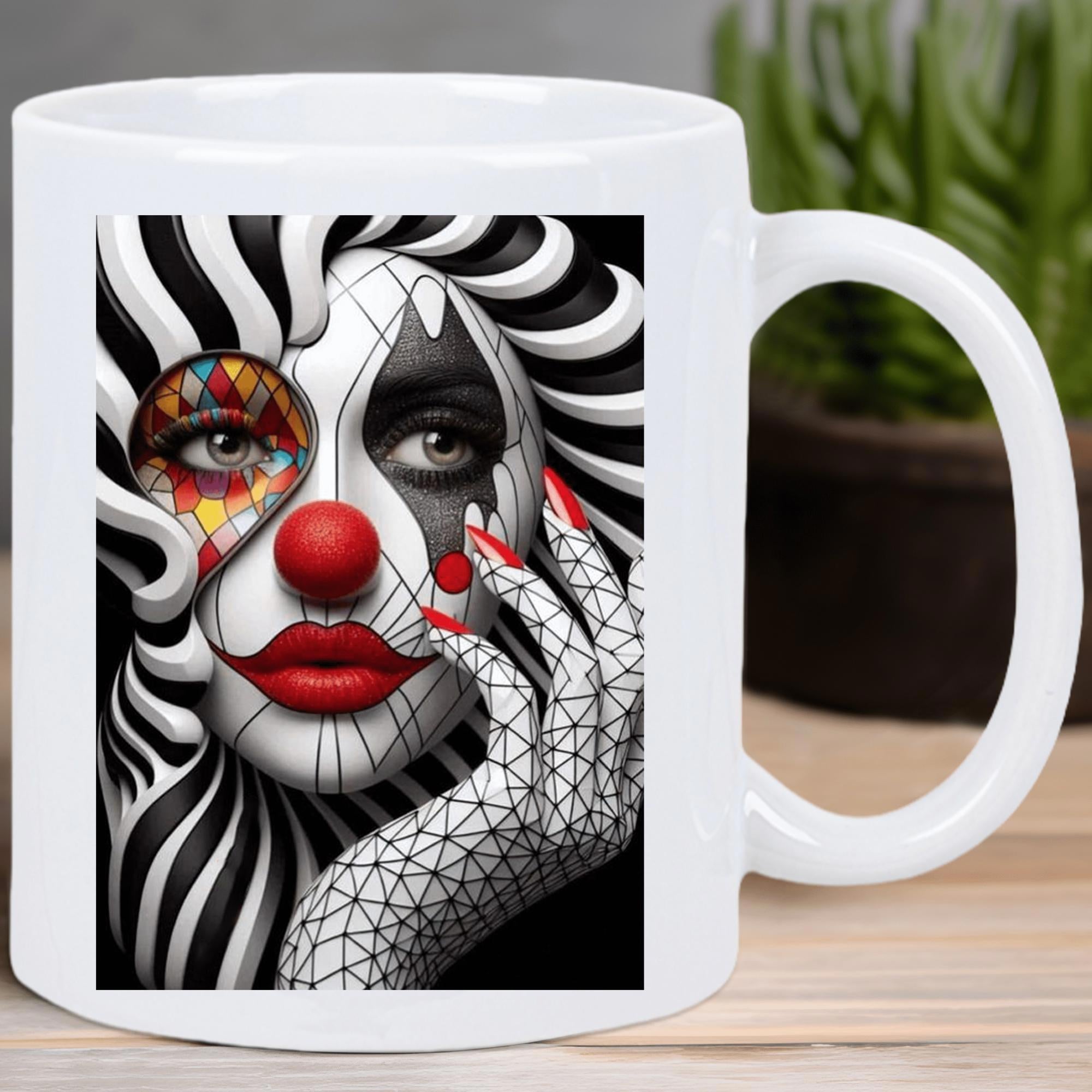 Tailorly White Ceramic 11 oz Mug - Artistic Female Clown With Dramatic Red Lips And Harlequin Geometric Patterns Portrait