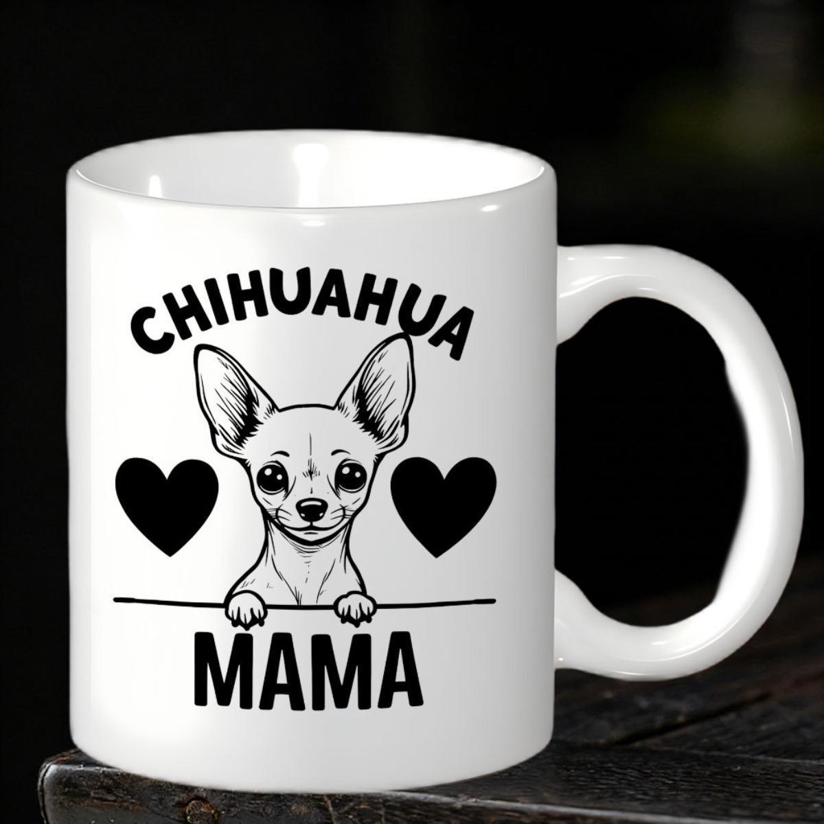 Tailorly White Ceramic 11 oz Mug - Chihuahua Mama Peering Over Line Between Two Hearts Featuring Cute Little Dog Chihuahua