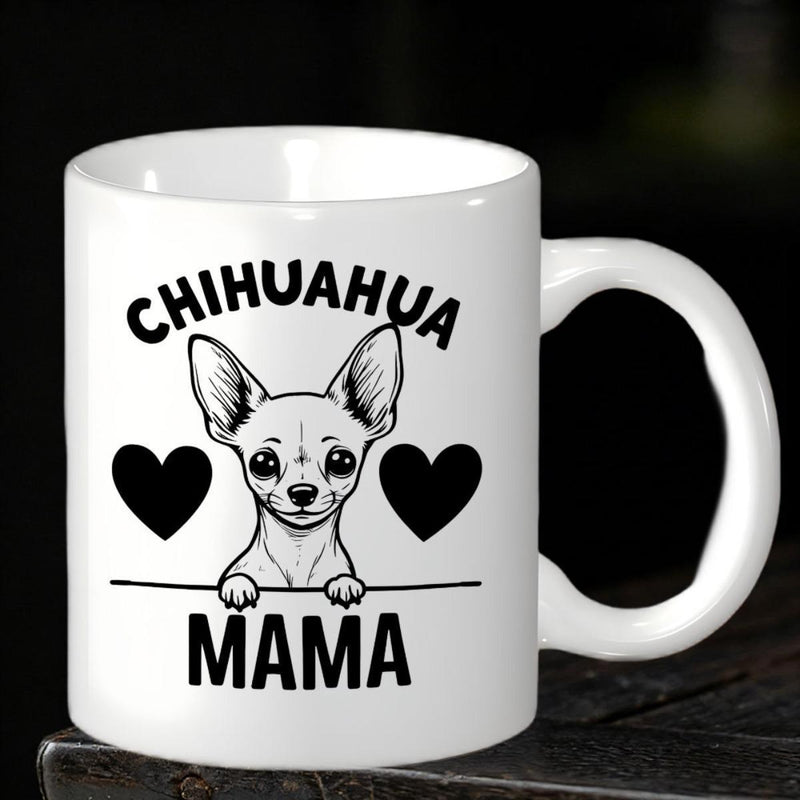 Tailorly White Ceramic 11 oz Mug - Chihuahua Mama Peering Over Line Between Two Hearts Featuring Cute Little Dog Chihuahua