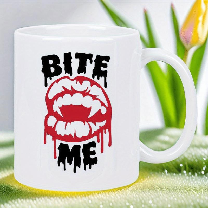 Tailorly White Ceramic 11 oz Mug - Bite Me Red Vampire Mouth With Sharp White Fangs And Dripping Blood Lips