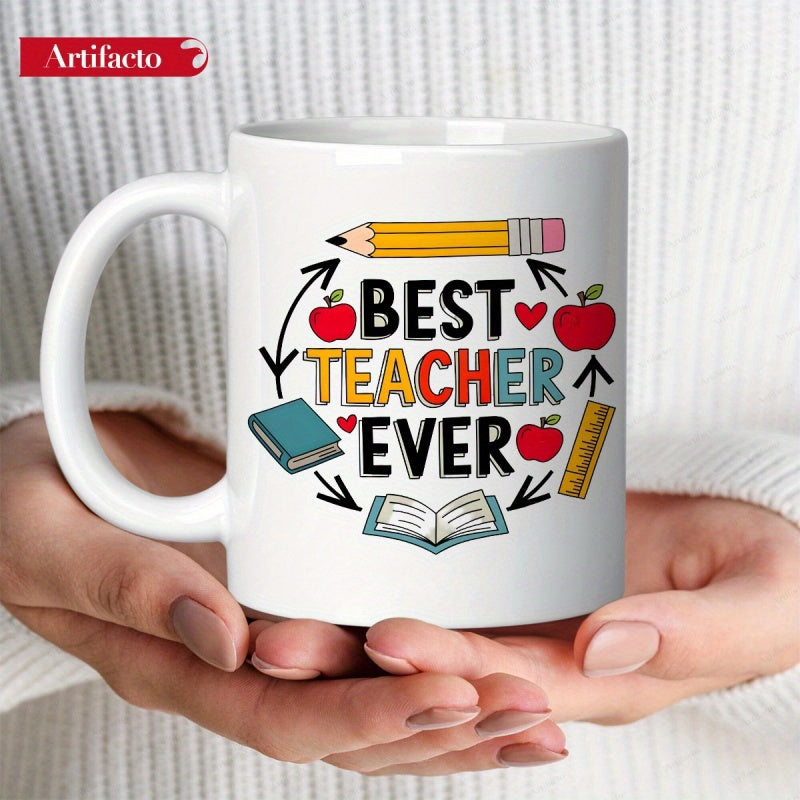 Tailorly White Ceramic 11 oz Mug - Best Teacher Ever Colorful School Essentials Featuring Red Apples And Sharp Pencil