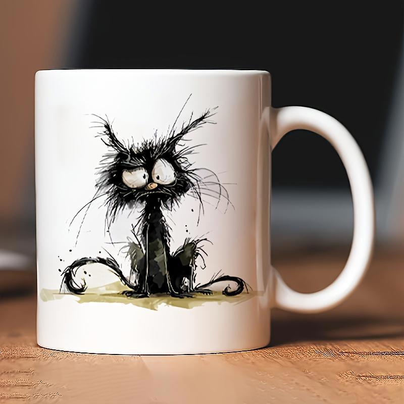 Tailorly White Ceramic 11 oz Mug - Scruffy Messy Black Feline With Spiky Fur And Large Expressive Eyes Cat