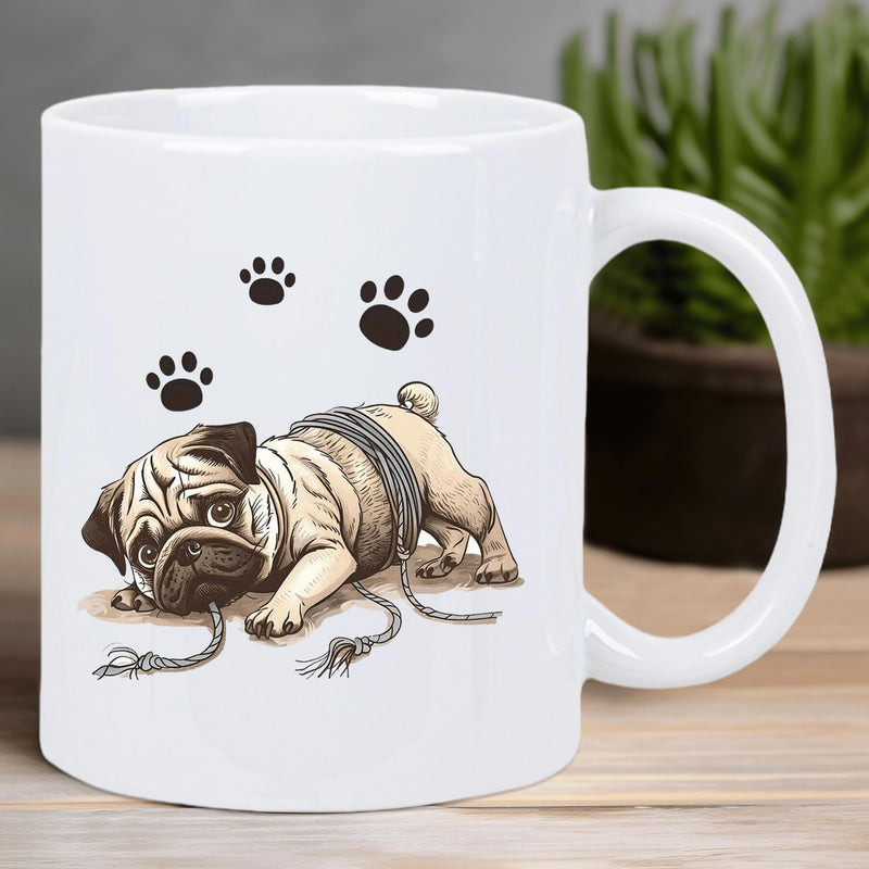 Tailorly White Ceramic 11 oz Mug - Playful Little Dog Wrapped In Ropes Below Floating Black Paw Prints Pug