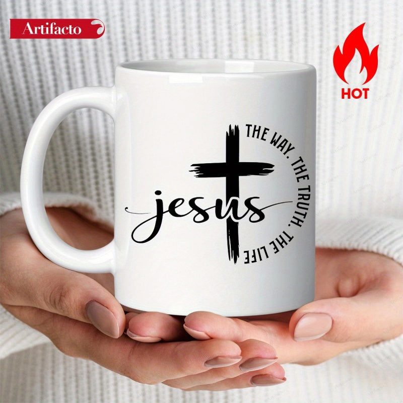Tailorly White Ceramic 11 oz Mug - Jesus The Way The Truth The Life Artistic Black Brushstroke Style Religious Symbolism Representing Faith And Hope Cross