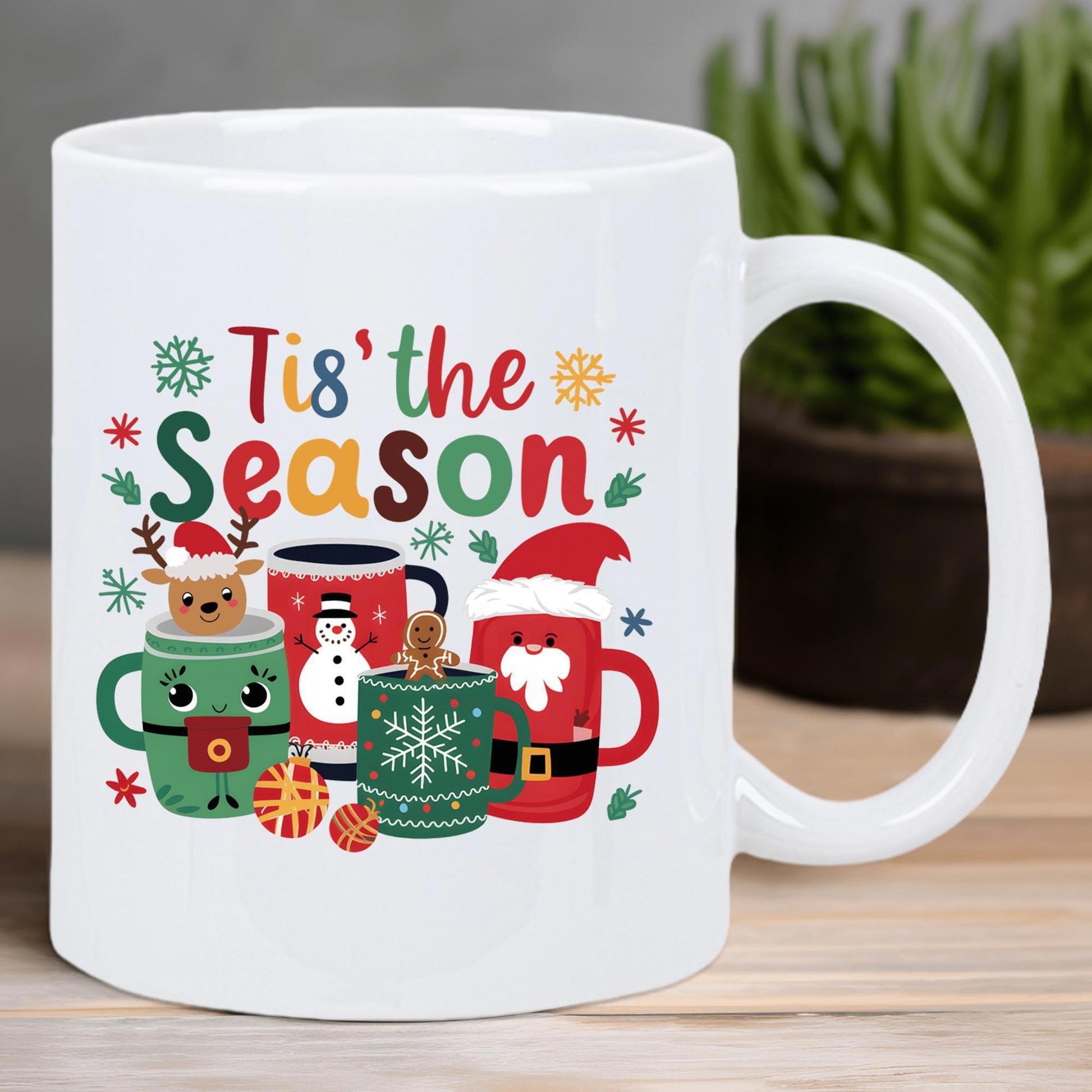 Tailorly White Ceramic 11 oz Mug - Tis The Season Festive Mugs With Santa Reindeer And Snowman Among Colorful Snowflakes Mug