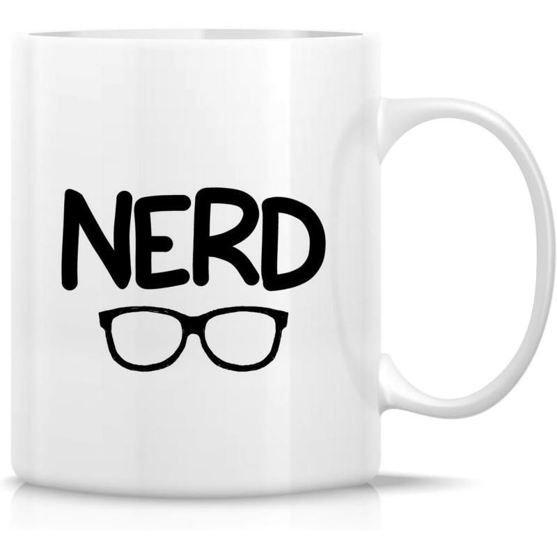 Tailorly White Ceramic 11 oz Mug - Nerd Simple Black Frame Glasses Featuring A Bold Handwritten Text Style Glasses