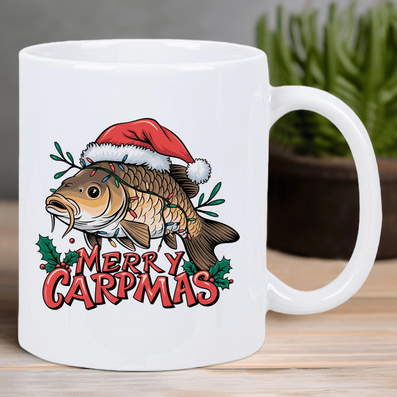 Tailorly White Ceramic 11 oz Mug - Merry Carpmas Festive Common Carp Wearing Red Santa Hat With Green Holly Leaves Fish