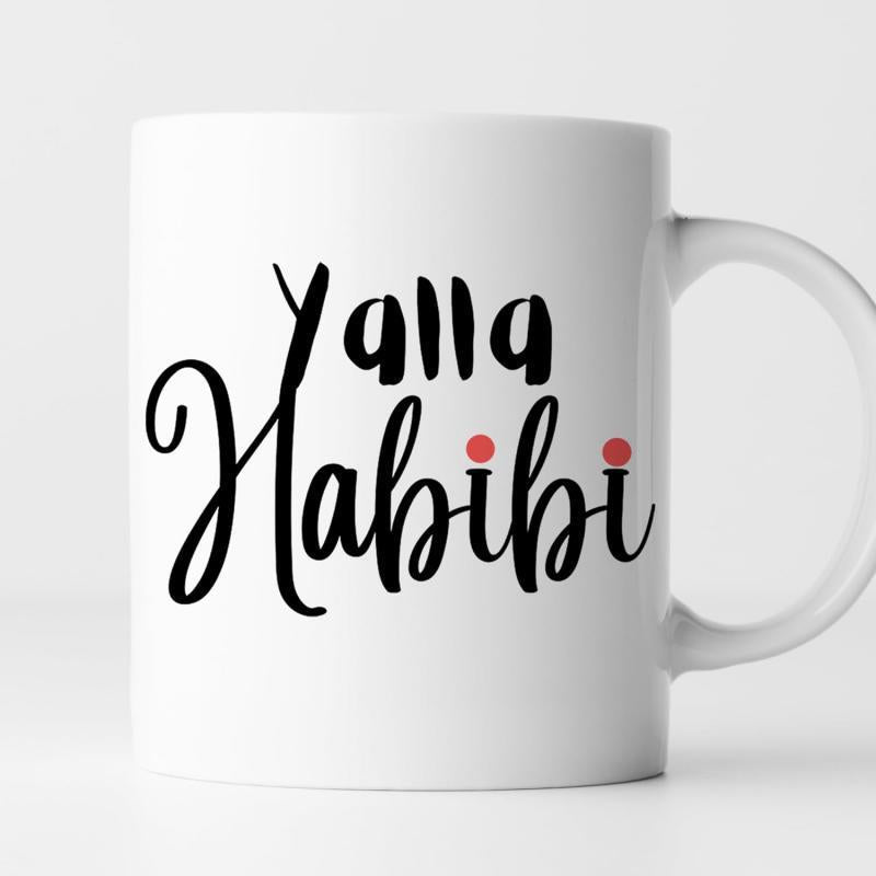 Tailorly White Ceramic 11 oz Mug - Yalla Habibi Minimalist White Ceramic Vessel Featuring Artistic Script Lettering Style Mug