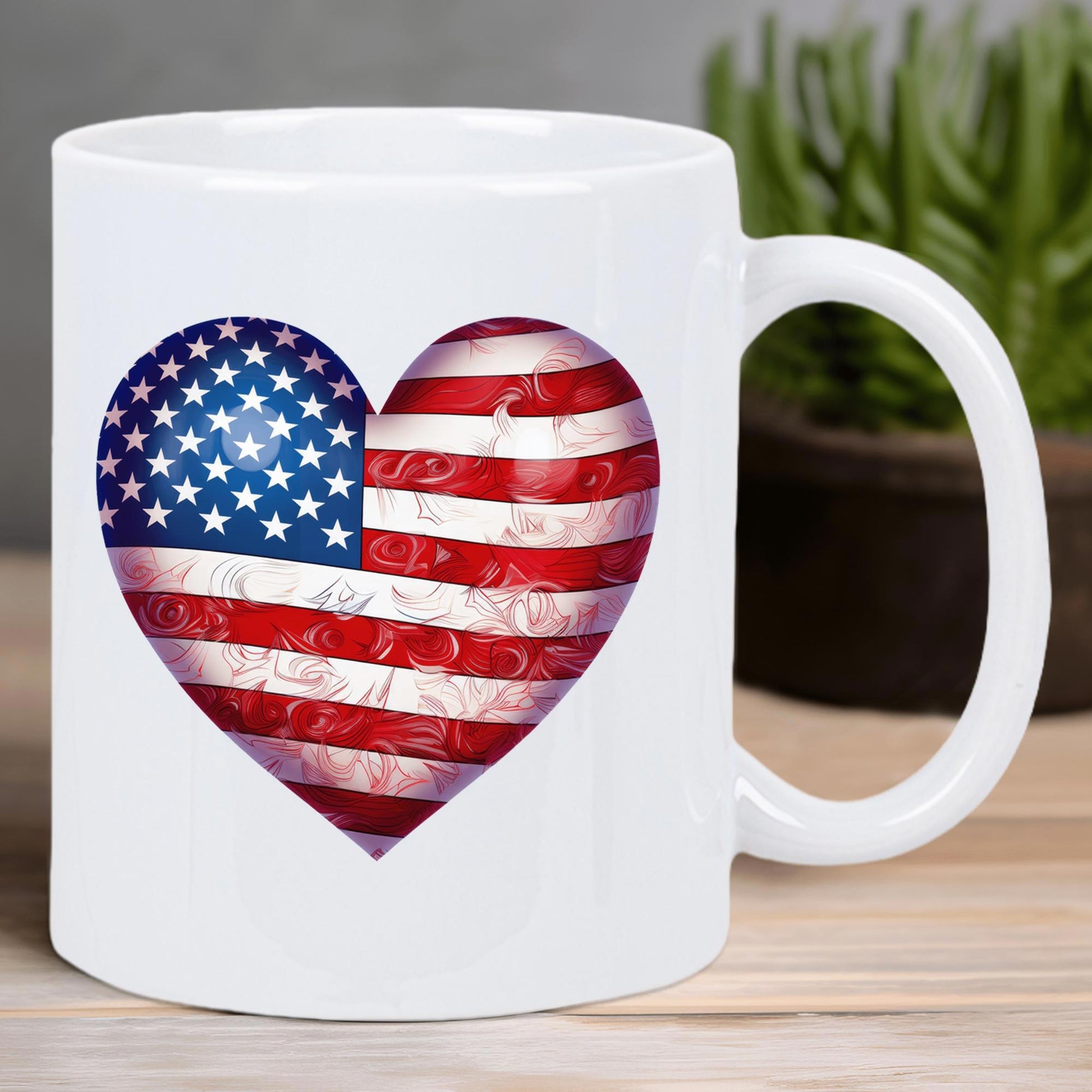Tailorly White Ceramic 11 oz Mug - Rustic Distressed Patriotic American Flag Design Shining With Stars And Stripes Heart