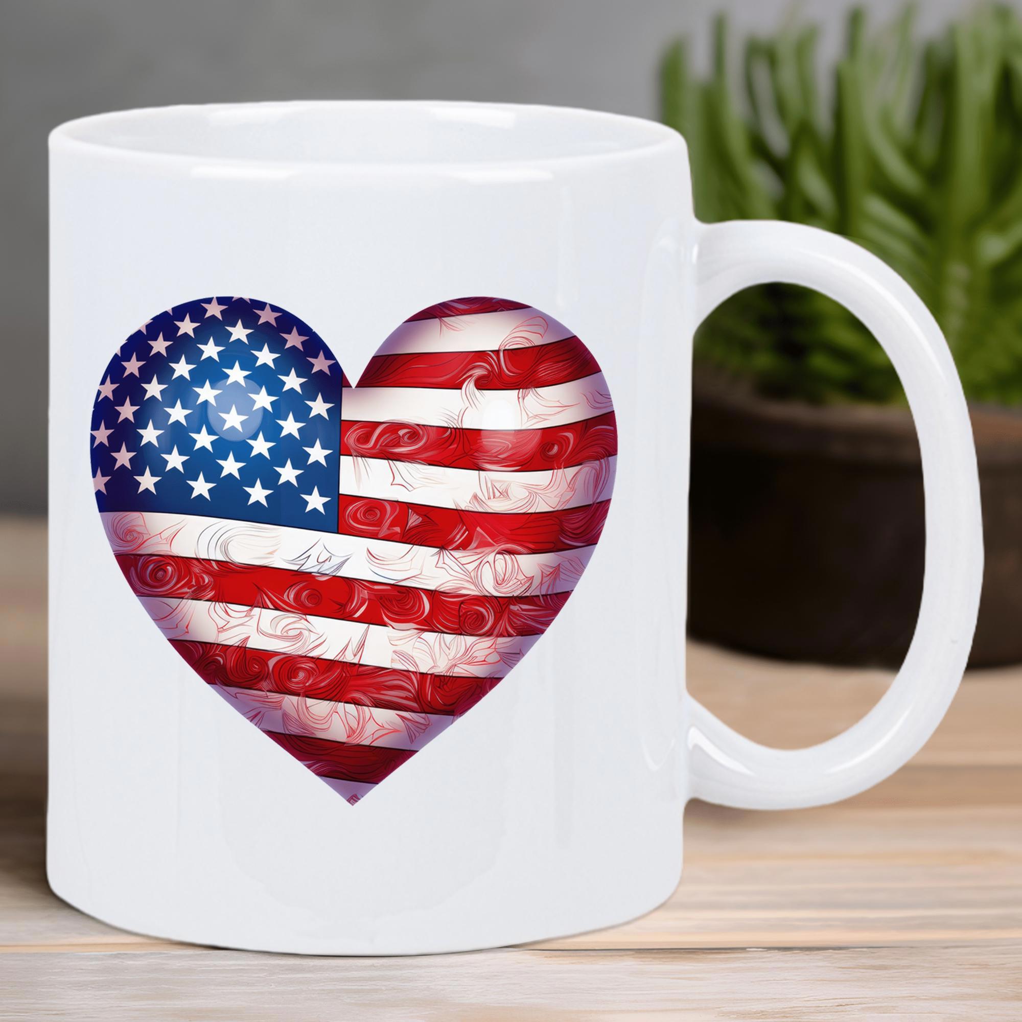 Tailorly White Ceramic 11 oz Mug - Rustic Distressed Patriotic American Flag Design Shining With Stars And Stripes Heart