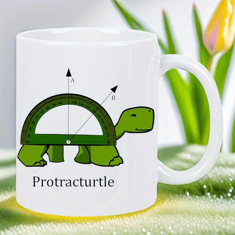 Tailorly White Ceramic 11 oz Mug - Protracturtle Cartoon Green Turtle With Measuring Protractor Shell Design And Angle Arrows Turtle