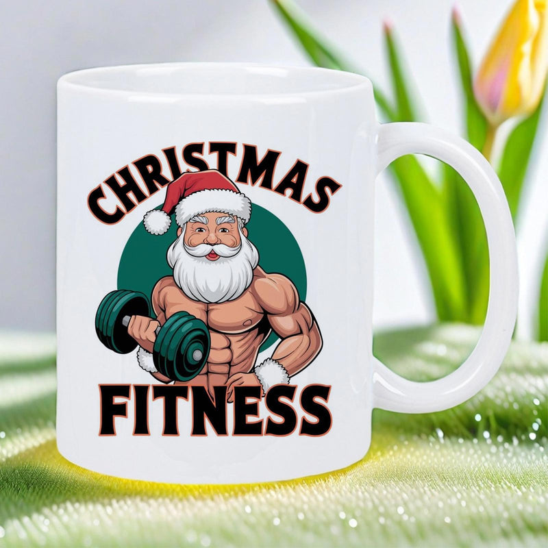 Tailorly White Ceramic 11 oz Mug - Christmas Fitness Strong Muscular Figure Lifting A Heavy Weight With Determination Santa