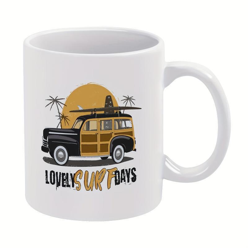 Tailorly White Ceramic 11 oz Mug - Lovely Surf Days Vintage Woodie Wagon Carrying Long Surfboard Beside Tropical Palm Trees Station Wagon
