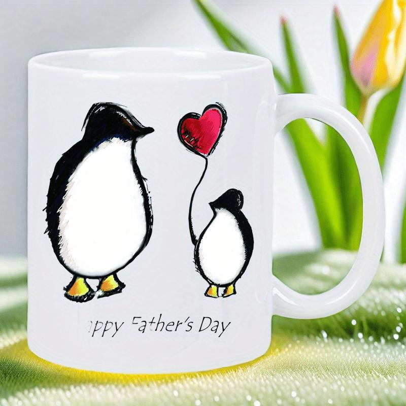Tailorly White Ceramic 11 oz Mug - Happy Fathers Day Cute Hand Drawn Minimalist Style Featuring Small Penguin Holding Heart Balloon Penguin