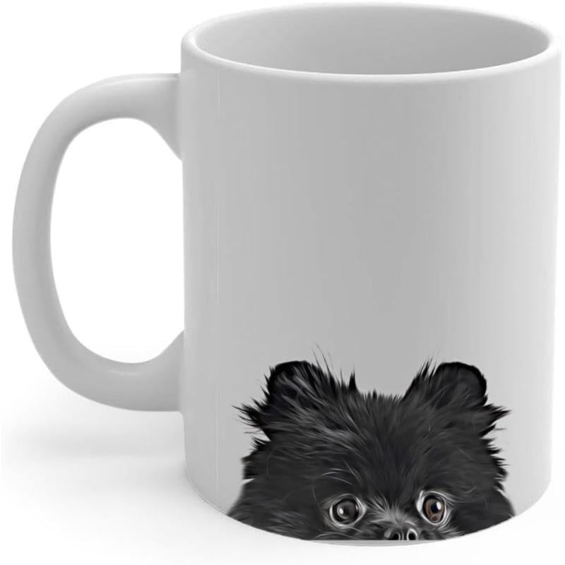 Tailorly White Ceramic 11 oz Mug - Peeking Fluffy Black Puppy With Expressive Eyes From The Bottom Edge Pomeranian