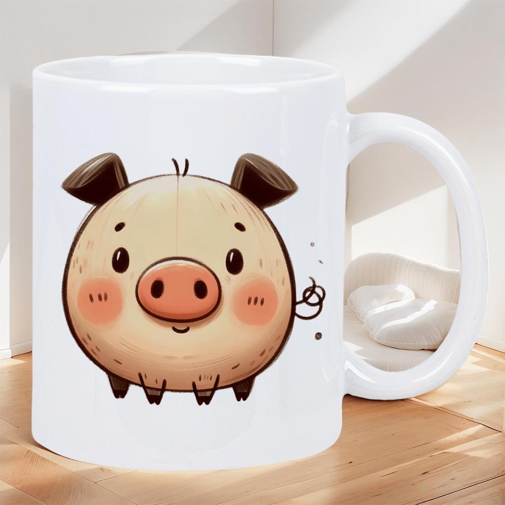 Tailorly White Ceramic 11 oz Mug - Cute Round Animal Standing Still With Rosy Cheeks And Small Feet Pig