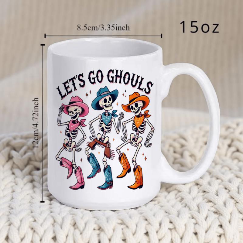 Tailorly White Ceramic 11 oz Mug - Lets Go Ghouls Three Happy Cartoon Skeletons Dancing In Colorful Western Cowboy Outfits Skeleton