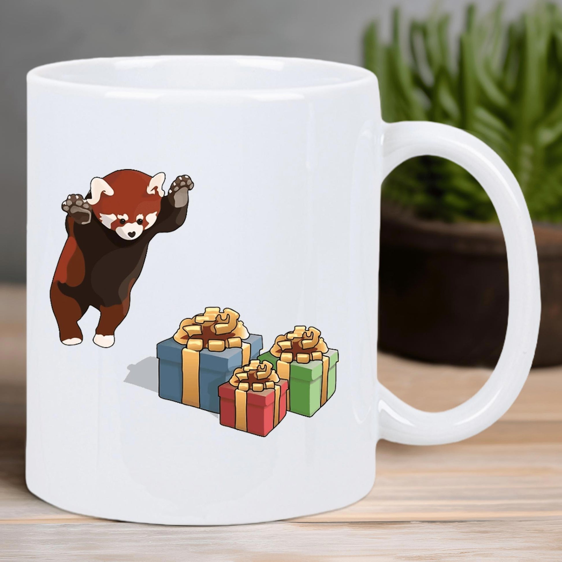 Tailorly White Ceramic 11 oz Mug - Playful Furry Animal Standing Behind Colorful Wrapped Holiday Present Red Panda
