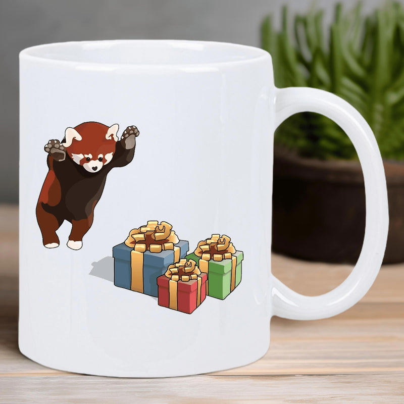 Tailorly White Ceramic 11 oz Mug - Playful Furry Animal Standing Behind Colorful Wrapped Holiday Present Red Panda