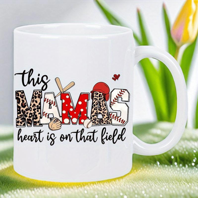 Tailorly White Ceramic 11 oz Mug - This Mamas Heart Is On That Field Artistic Leopard Print Combined With Baseball Equipment On Sports Theme Pattern