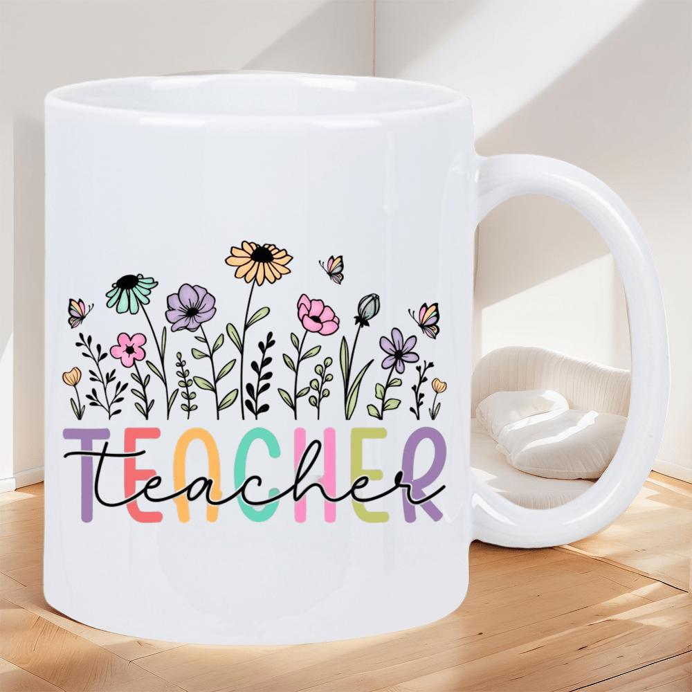 Tailorly White Ceramic 11 oz Mug - Teacher Beautiful Colorful Garden Flowers Growing With Small Flying Butterflies Wildflowers