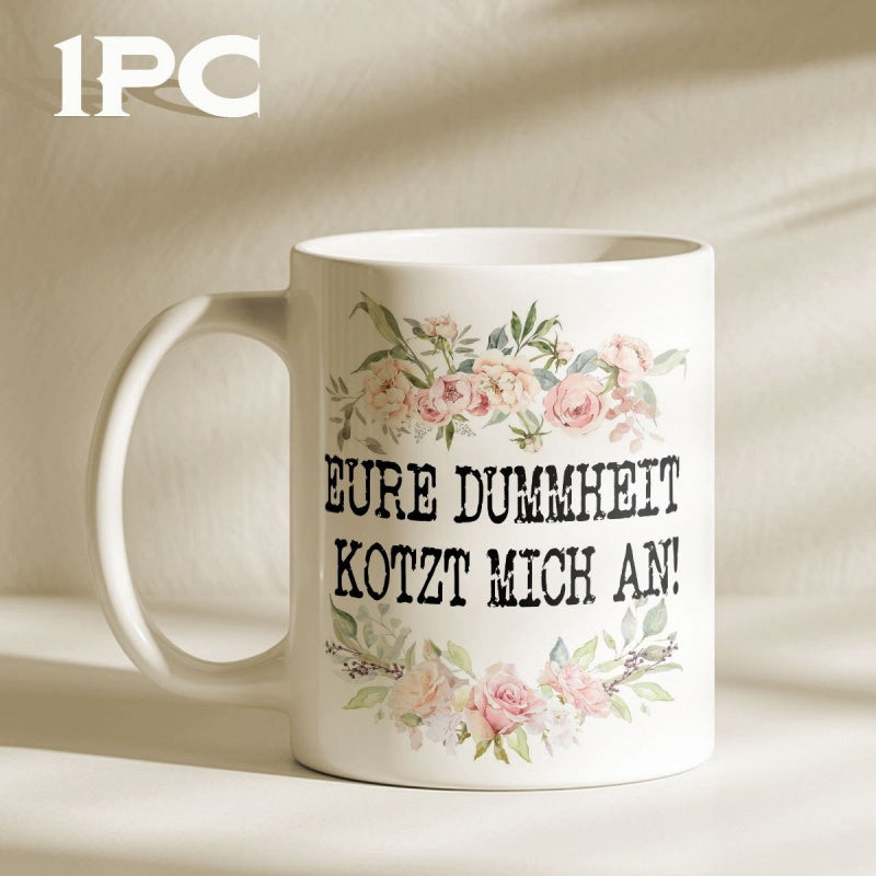 Tailorly White Ceramic 11 oz Mug - Vintage Watercolor Pink Roses With Green Leaves Elegant Floral Garland Flower