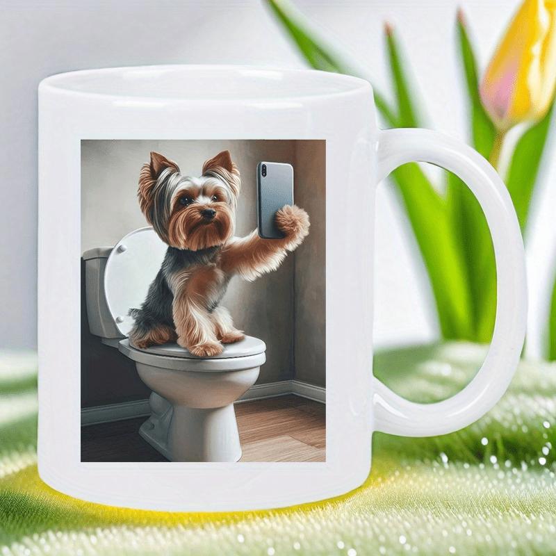 Tailorly White Ceramic 11 oz Mug - Adorable Yorkshire Terrier Sitting On Toilet Taking Mirror Selfie With Phone Dog