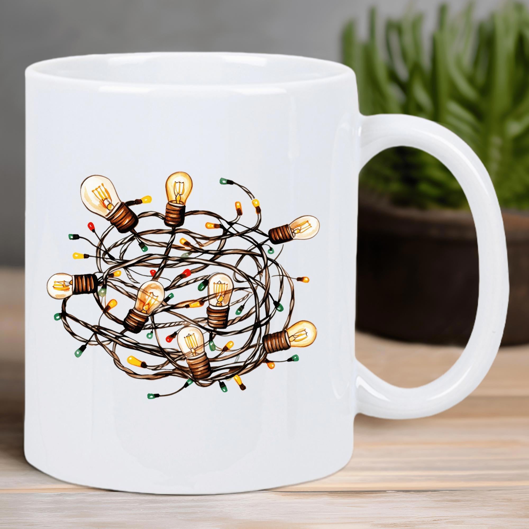 Tailorly White Ceramic 11 oz Mug - Tangled Glowing Vintage Fairy Wires With Warm Shining Electric Glass Bulbs