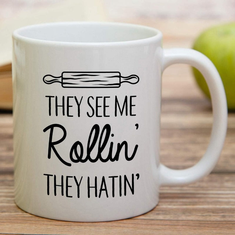 Tailorly White Ceramic 11 oz Mug - They See Me Rollin They Hatin Minimalist Black Line Art Tool Used For Baking Kitchen Rolling Pin