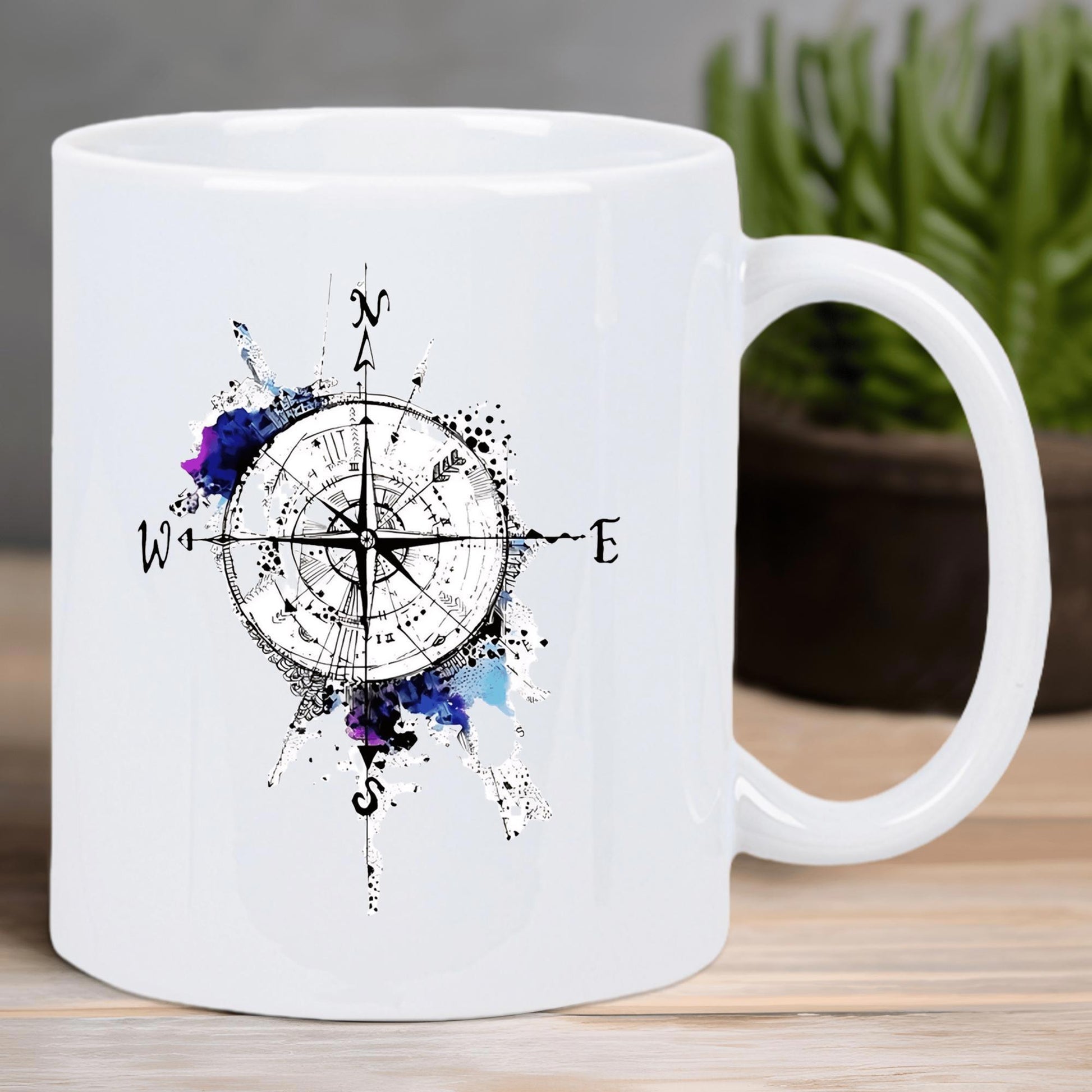 Tailorly White Ceramic 11 oz Mug - N E S W Artistic Watercolor Splashes With Arrows Pointing Toward Cardinal Directions Compass