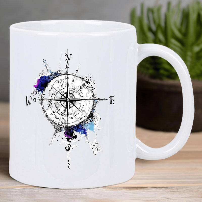 Tailorly White Ceramic 11 oz Mug - N E S W Artistic Watercolor Splashes With Arrows Pointing Toward Cardinal Directions Compass