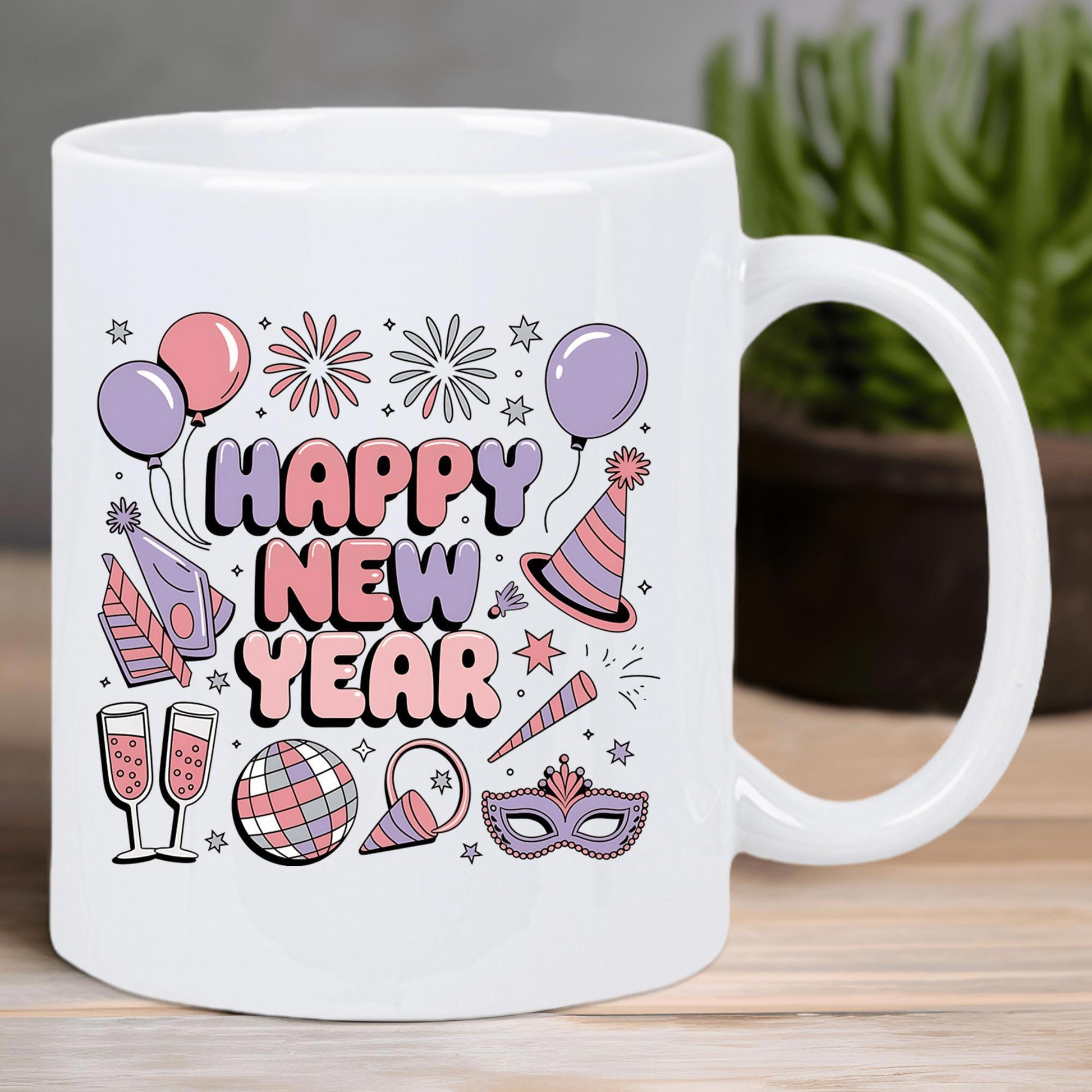 Tailorly White Ceramic 11 oz Mug - Happy New Year Festive Balloons With Party Hats And Glasses Among Sparkling Fireworks Celebration