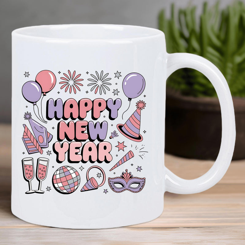 Tailorly White Ceramic 11 oz Mug - Happy New Year Festive Balloons With Party Hats And Glasses Among Sparkling Fireworks Celebration
